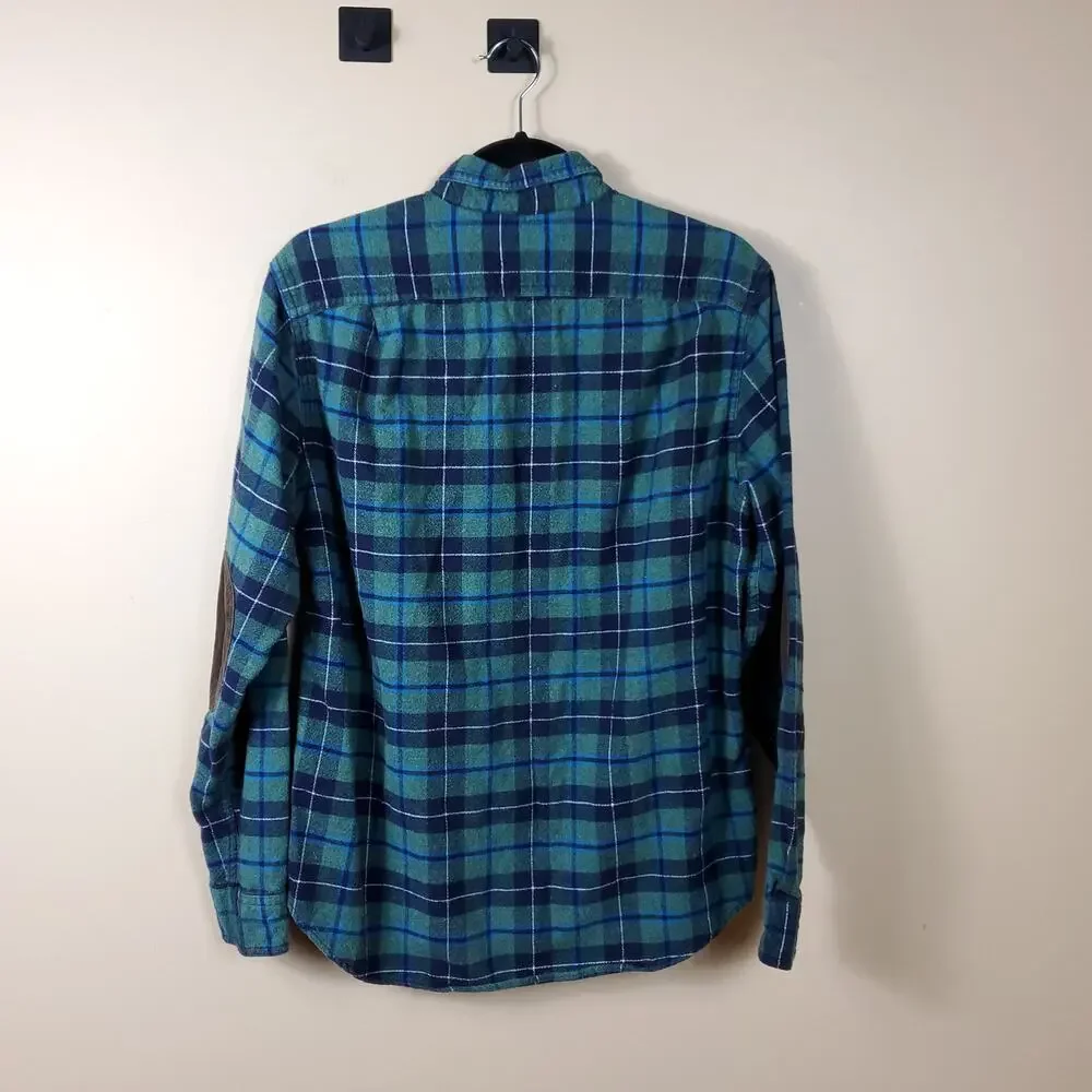J. Crew Plaid Button-up Flannel Shirt with Leather Elbow Patches Size M